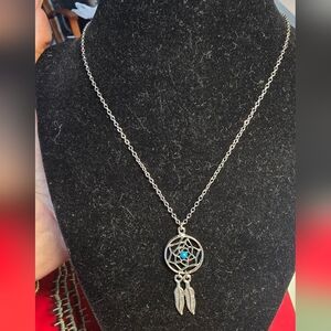 Silver-Toned Dreamcatcher Pendant Necklace with Blue Accent 18" Chain